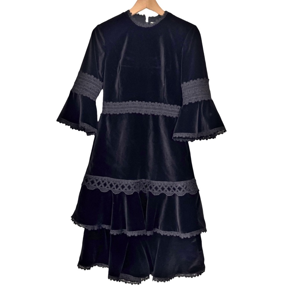 Alice + Olivia Black Velvet Fluted Sleeve Lace Trim Dress Size 4/6 Party Formal